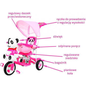 3-kołowy Rowerek dla dzieci Panda Różowy + Dźwięki + Daszek + Barierka + Podnóżek + Rączka + Schowek